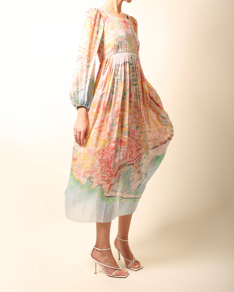 Chanel pink blue pastel babydoll print puff sleeve midi maxi pleated silk  dress For Sale at 1stDibs