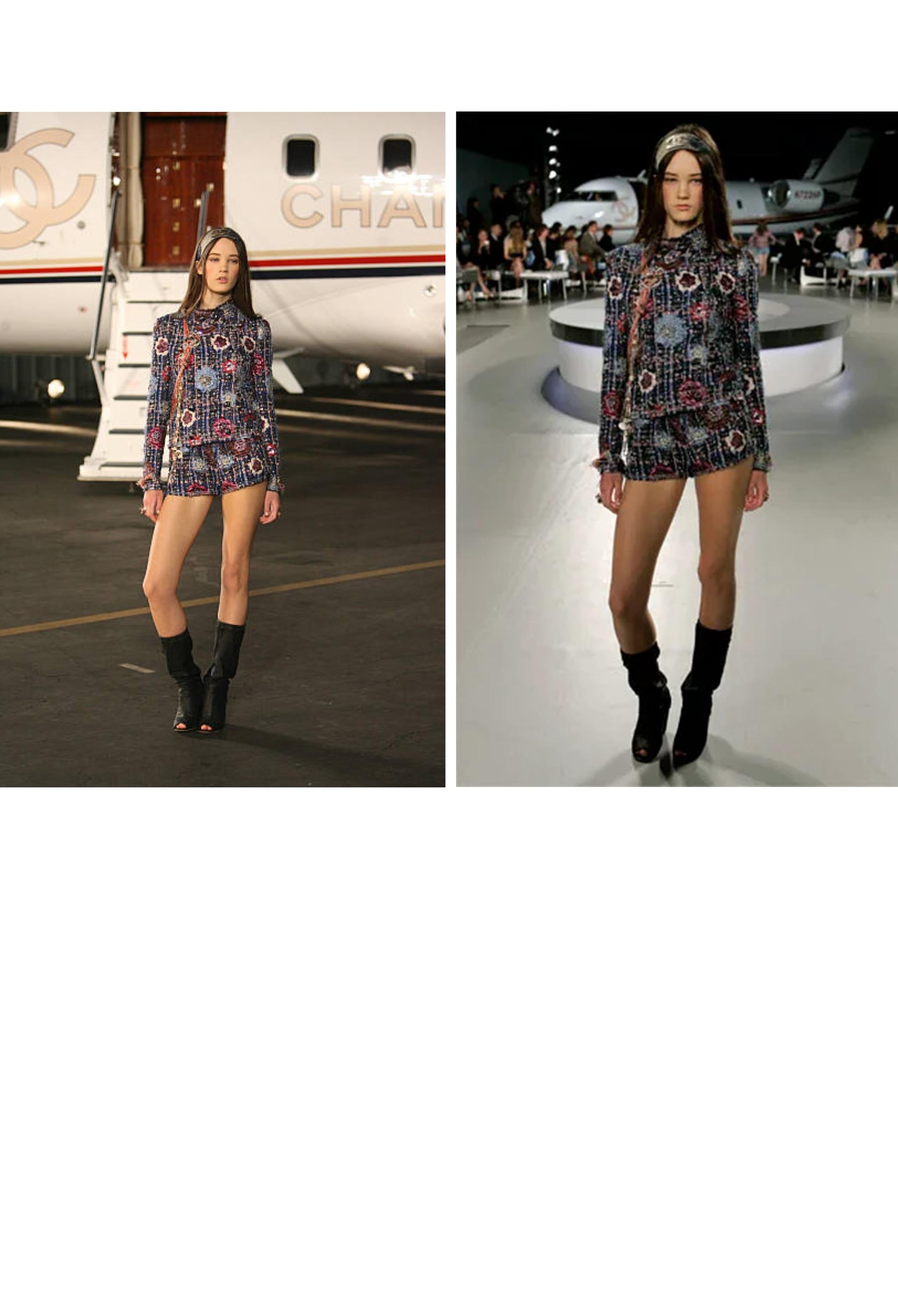Black Chanel Pink & Blue Ribbon And Metallic Boucle Shorts With Camellia Flowers 2008 For Sale