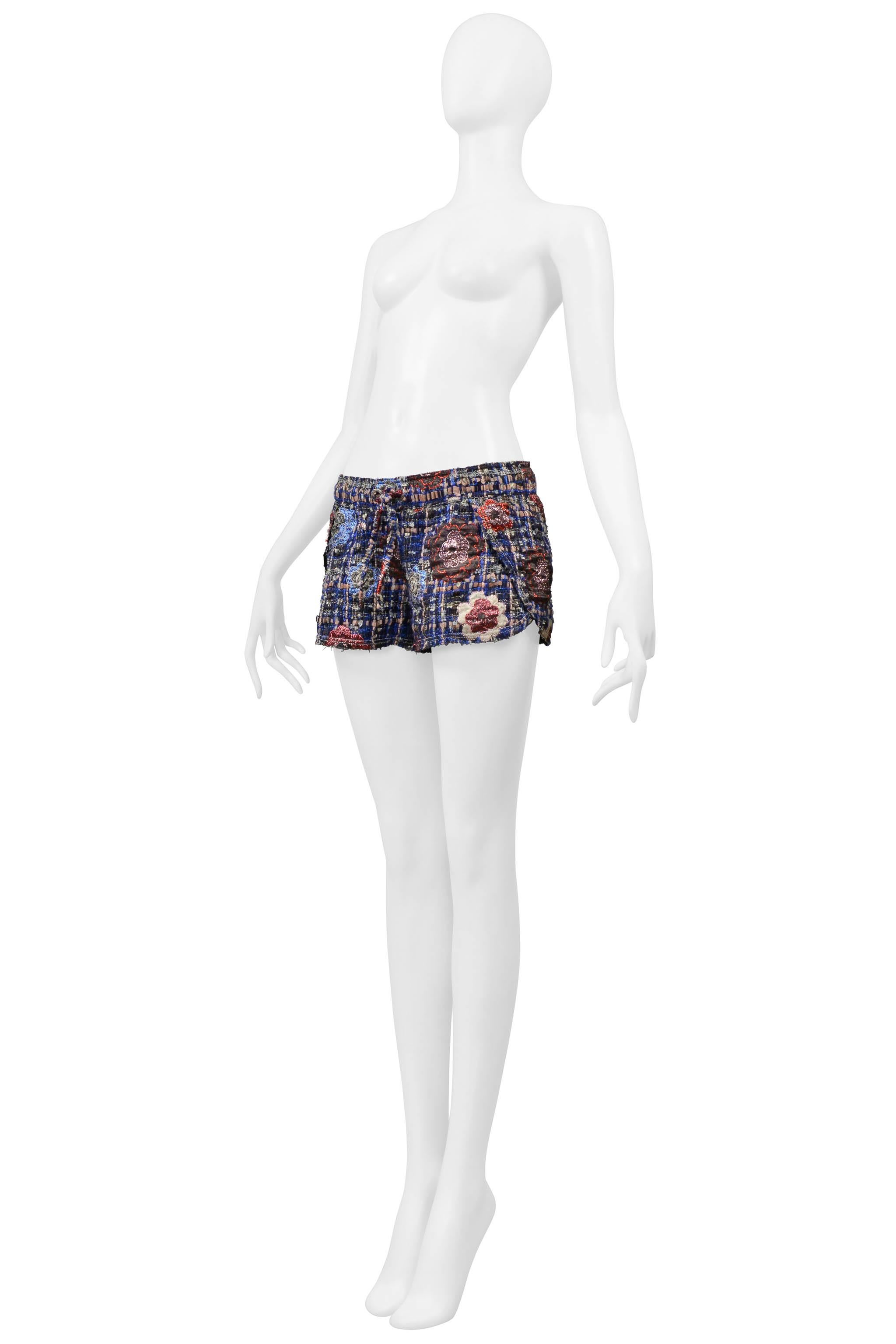 Chanel Pink & Blue Ribbon And Metallic Boucle Shorts With Camellia Flowers 2008 For Sale 1