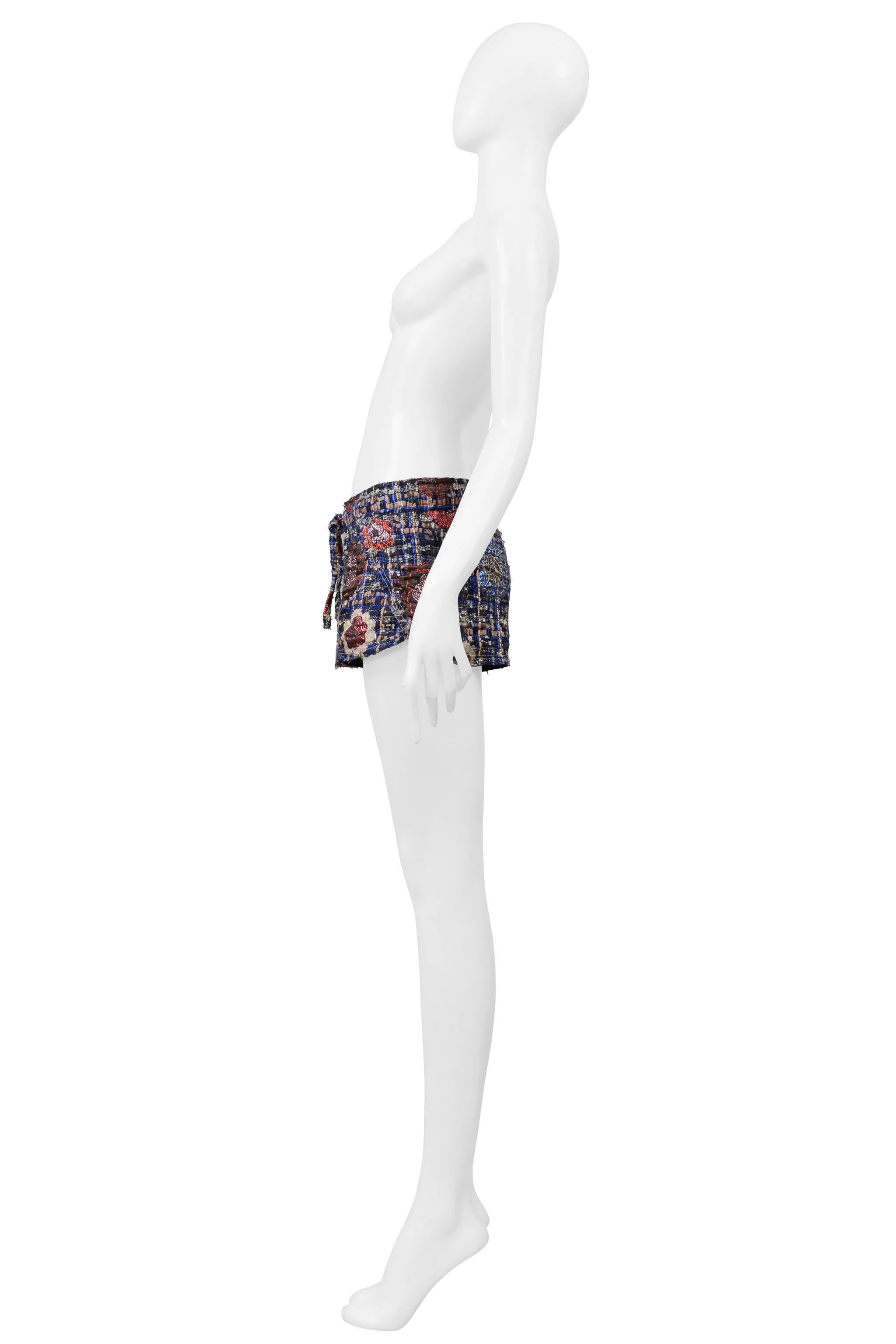 Chanel Pink & Blue Ribbon And Metallic Boucle Shorts With Camellia Flowers 2008 For Sale 2