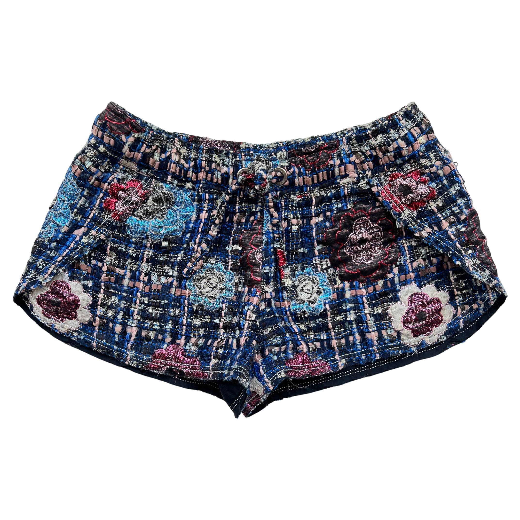 Chanel Pink & Blue Ribbon And Metallic Boucle Shorts With Camellia Flowers 2008