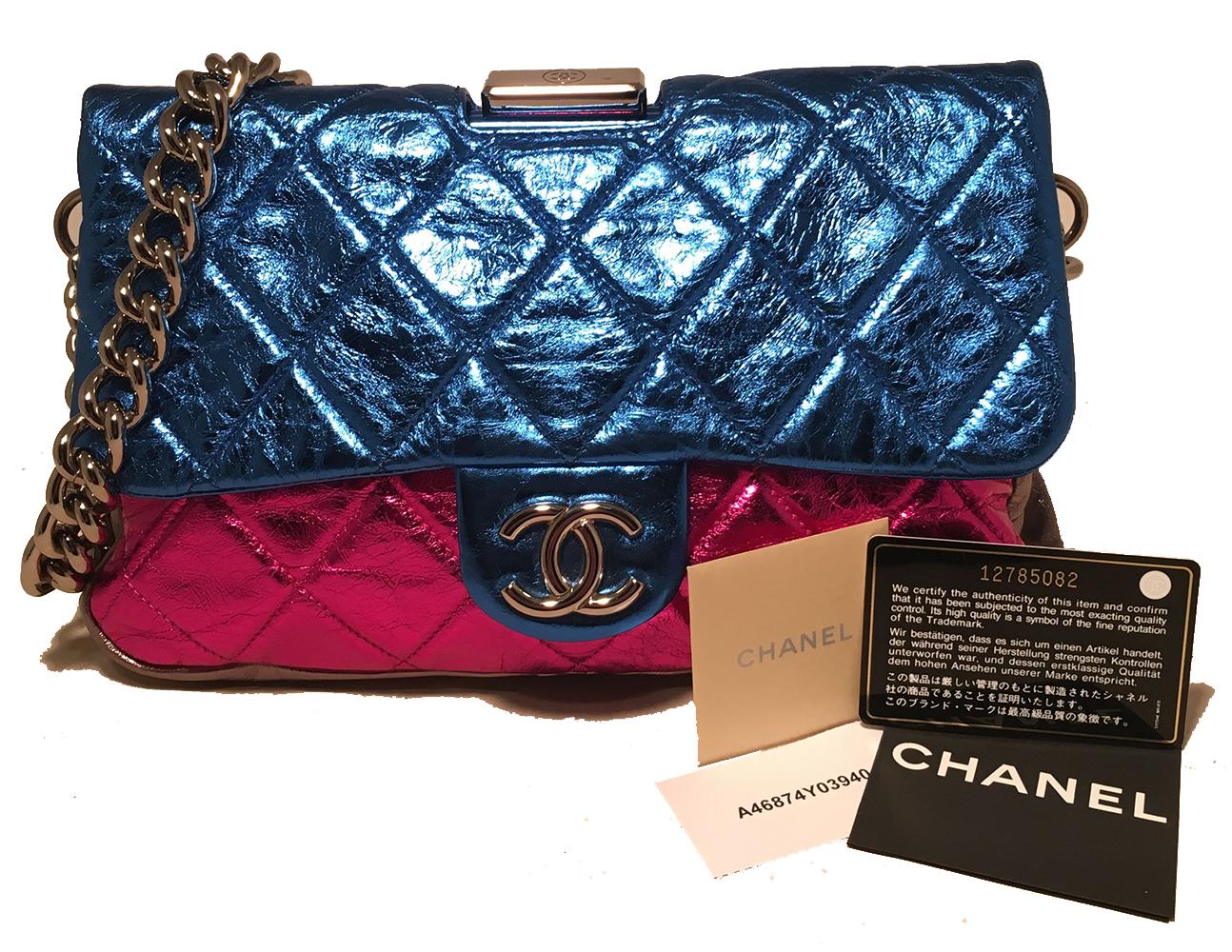 Chanel Pink Blue Silver Black Metallic Leather Classic Flap Frame Shoulder Bag 5