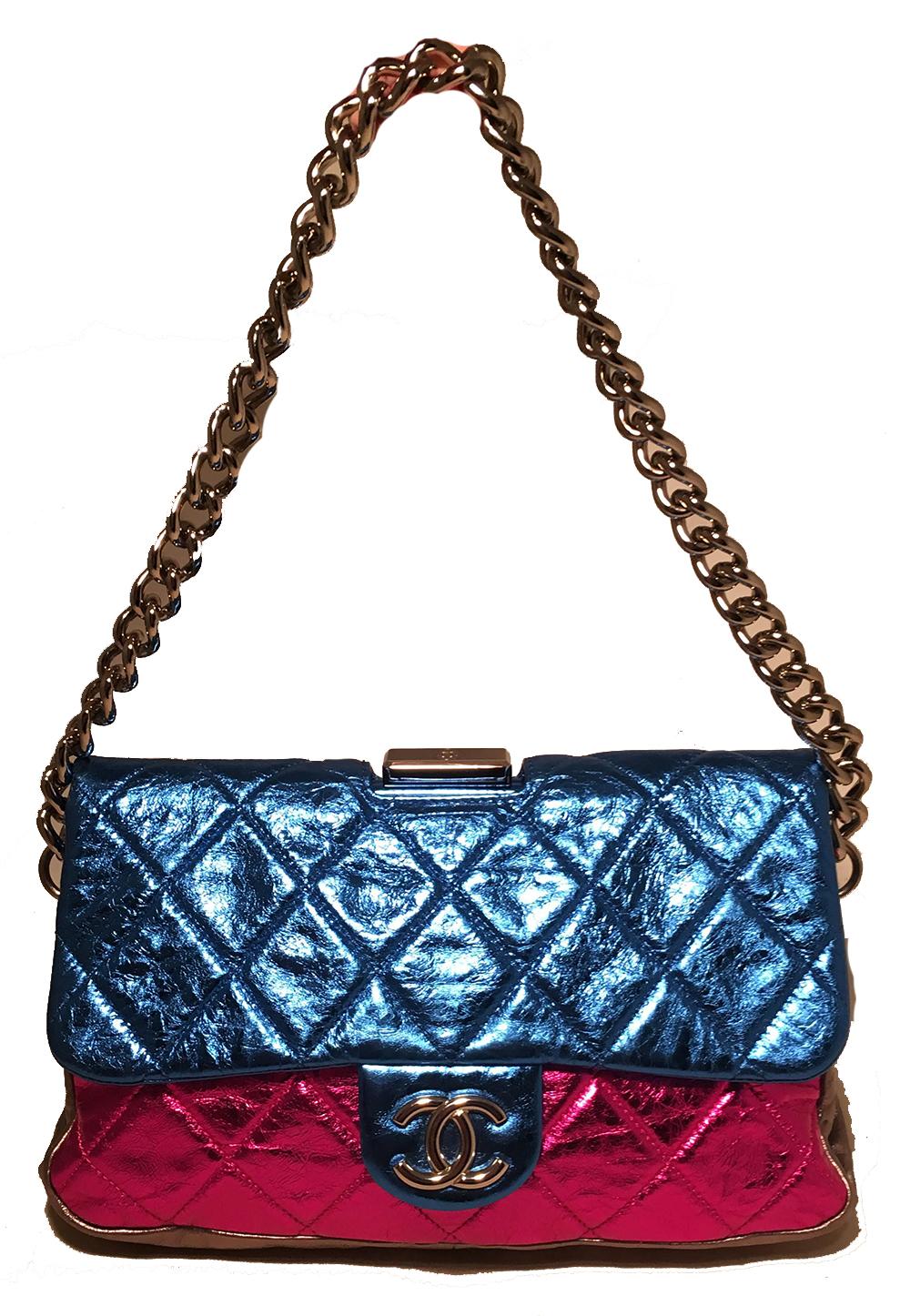 Chanel Pink Blue Silver Black Metallic Leather Classic Flap Frame Shoulder Bag in excellent condition. Pink, Blue, Silver, and Black metallic foil leather exterior trimmed with silver hardware. Front and back quilted in signature diamond pattern.