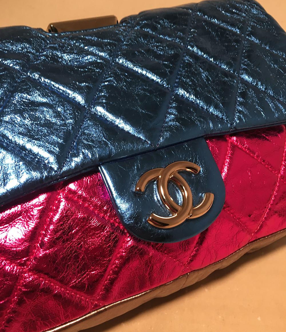 Women's Chanel Pink Blue Silver Black Metallic Leather Classic Flap Frame Shoulder Bag