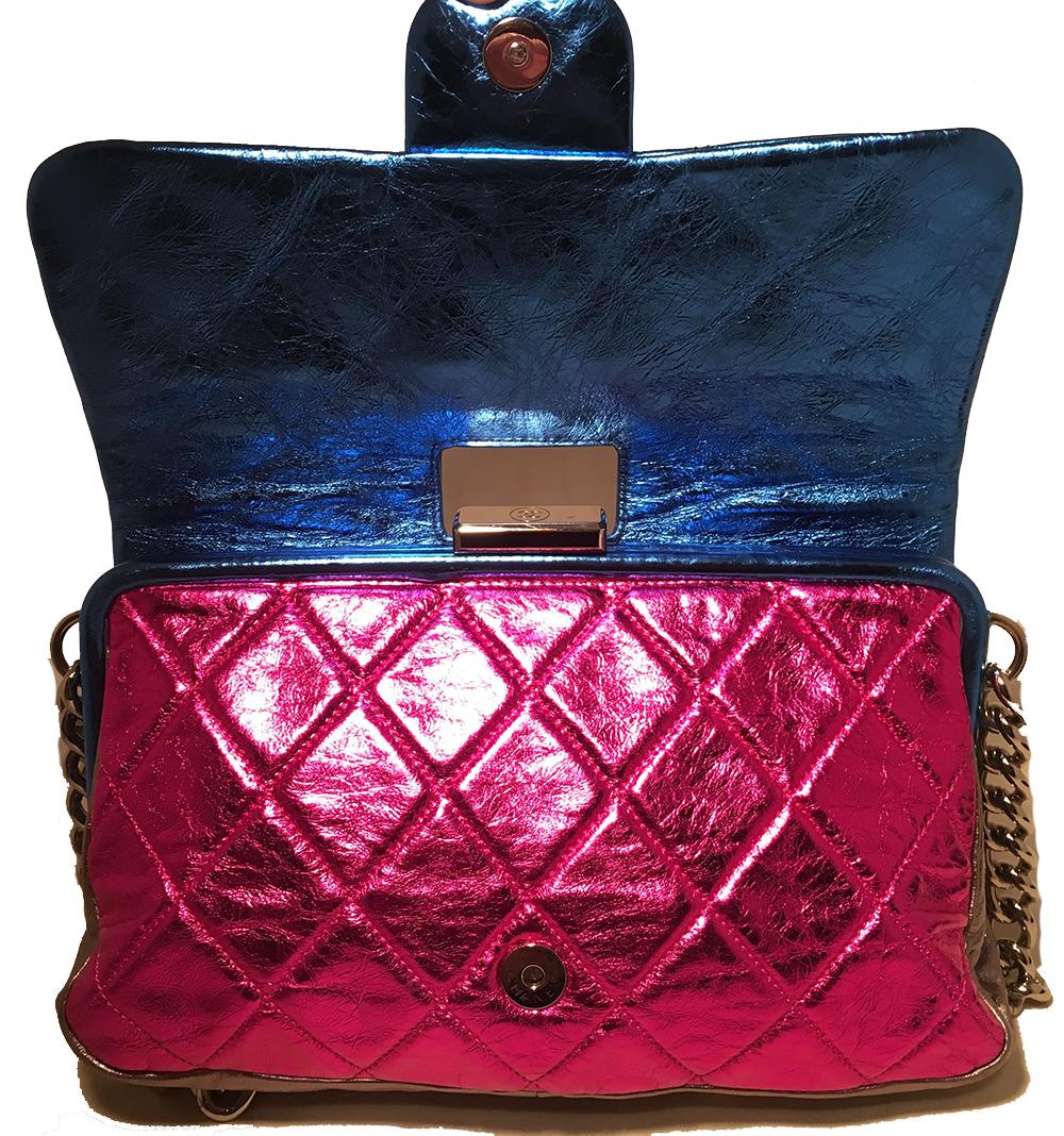 Chanel Pink Blue Silver Black Metallic Leather Classic Flap Frame Shoulder Bag 1