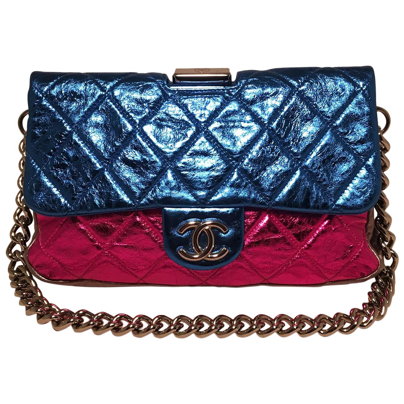 Chanel Pink Blue Silver Black Metallic Leather Classic Flap Frame Shoulder Bag