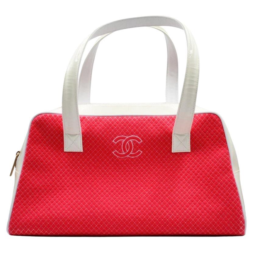 Chanel Pink Boston Bag in White Patent Leather and Pink Canvas