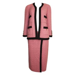 Chanel Pink Boucle Wool Suit & Skirt w Black Trim