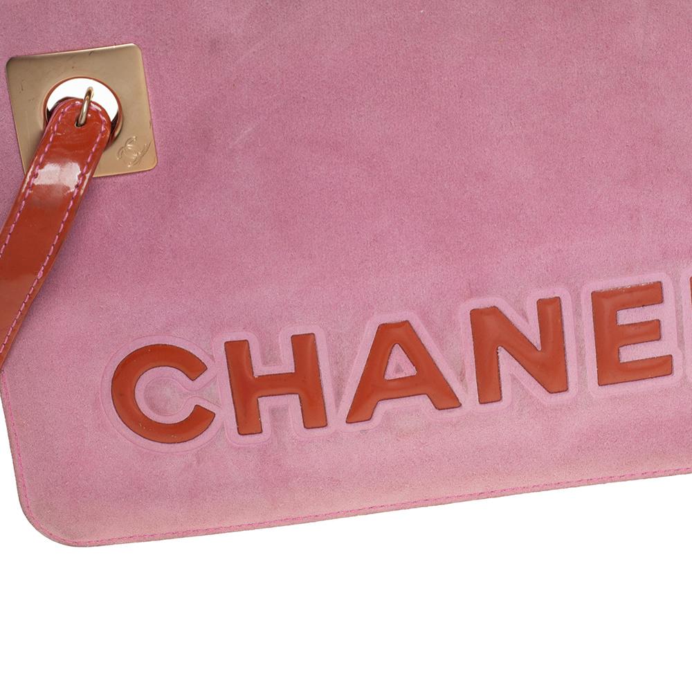Chanel Pink/Brown Suede and Patent Leather Camellia Wristlet Clutch 5