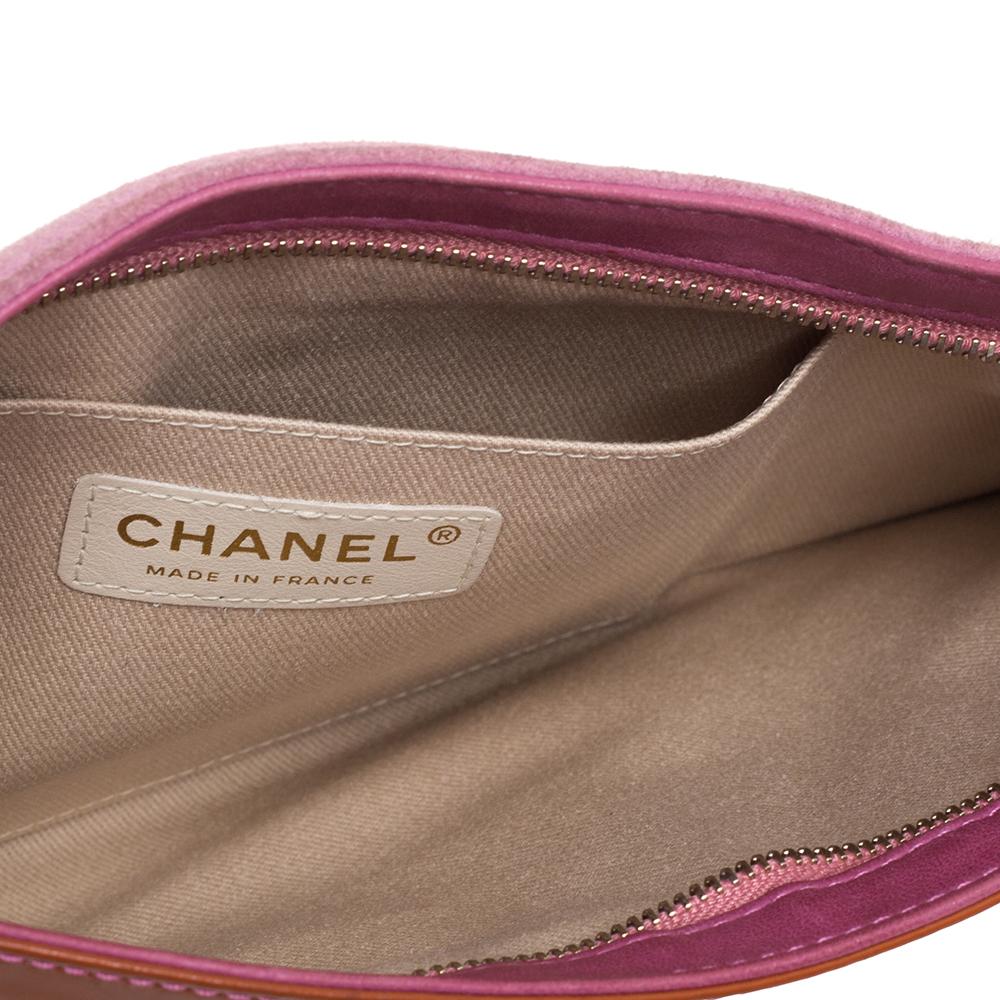 Chanel Pink/Brown Suede and Patent Leather Camellia Wristlet Clutch 2