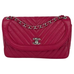 Chanel Pink Calfskin Chevron Medium Round Flap Lambskin Shoulder Bag