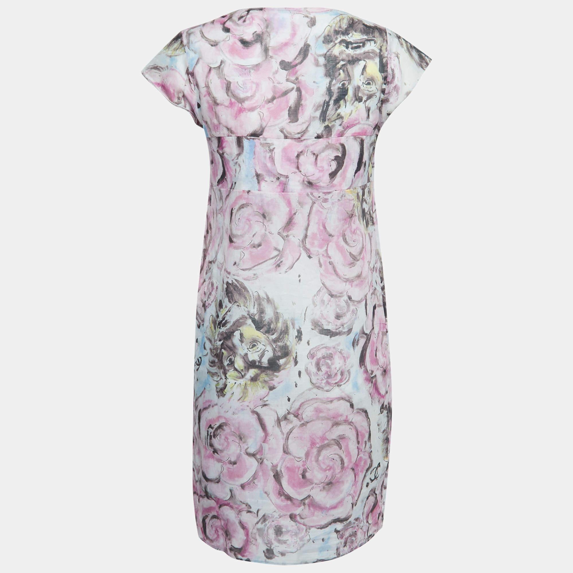 Gray Chanel Pink Camelia Print Cotton Bow-Detail Dress S