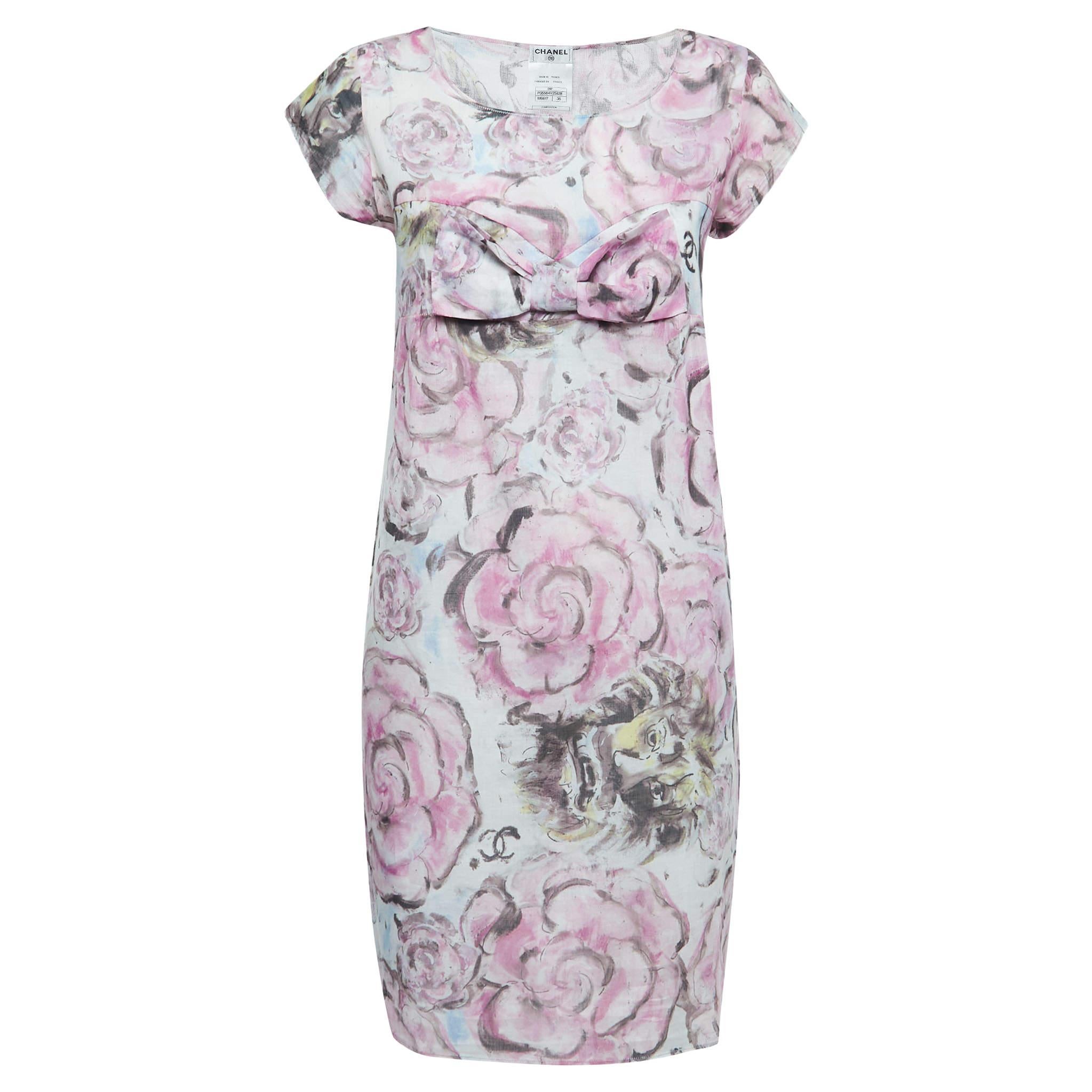 Chanel Pink Camelia Print Cotton Bow-Detail Dress S