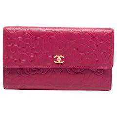 Chanel Pink Camellia Embossed Leather CC Flap Wallet