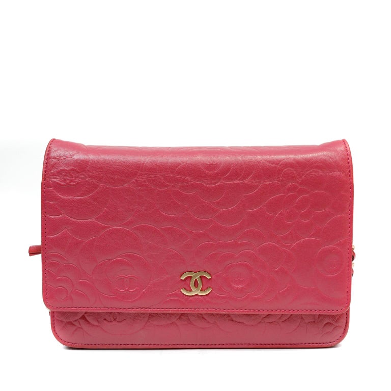 Chanel Pink Camellia Embossed Leather Wallet on a Chain WOC For