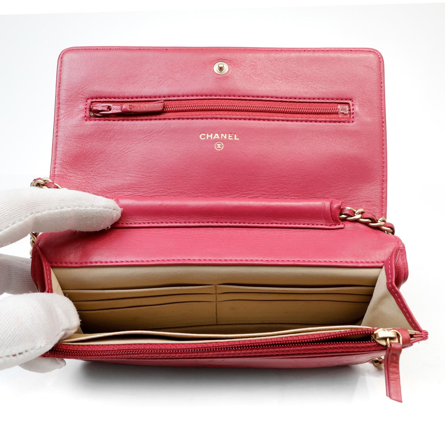 Chanel Pink Camellia Embossed Leather Wallet on a Chain WOC In Excellent Condition In Palm Beach, FL