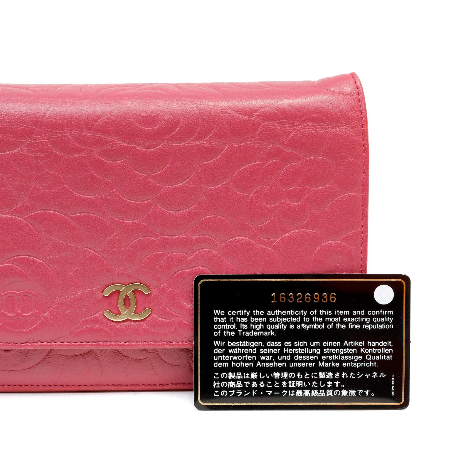 Chanel Pink Camellia Embossed Leather Wallet on a Chain WOC 1