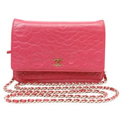 Chanel Pink Camellia Embossed Leather Wallet on a Chain WOC