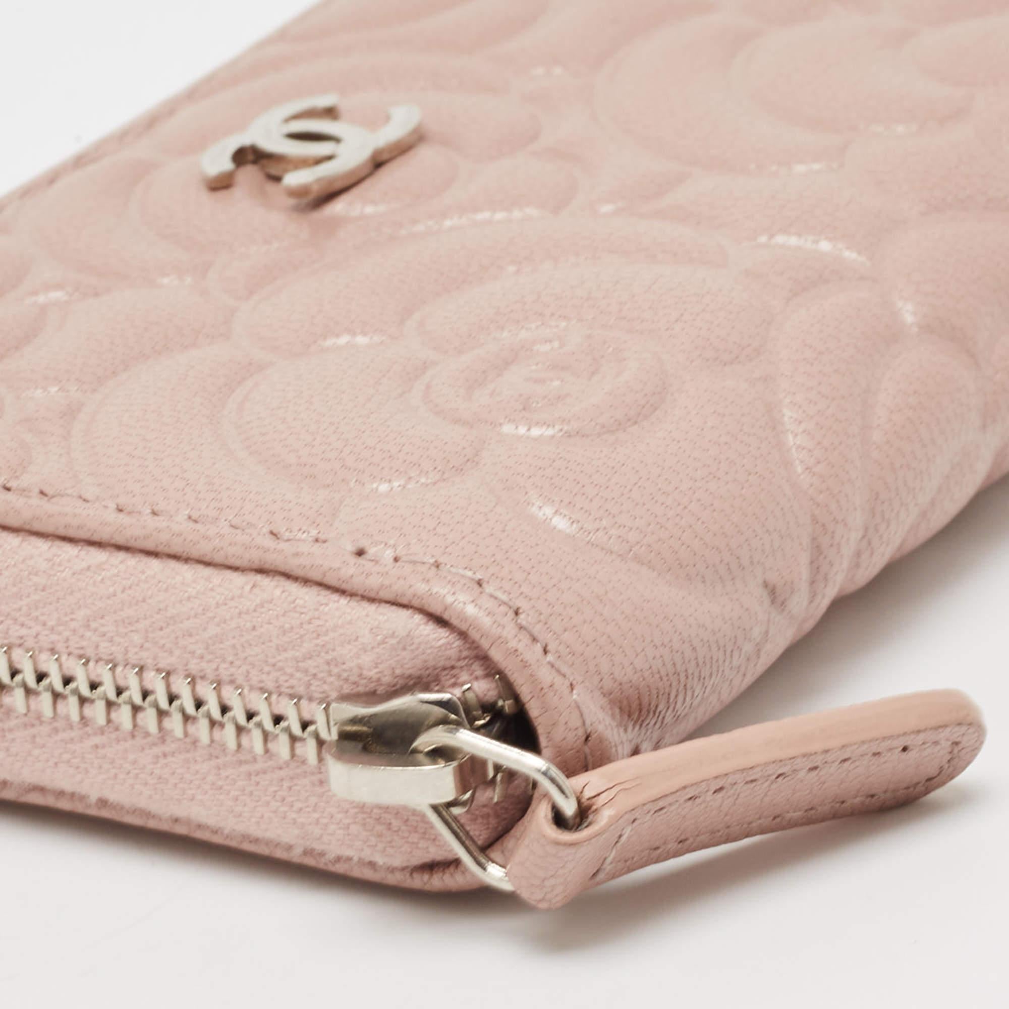 Chanel Pink Camellia Embossed Leather Zip Around Coin Purse For Sale 2