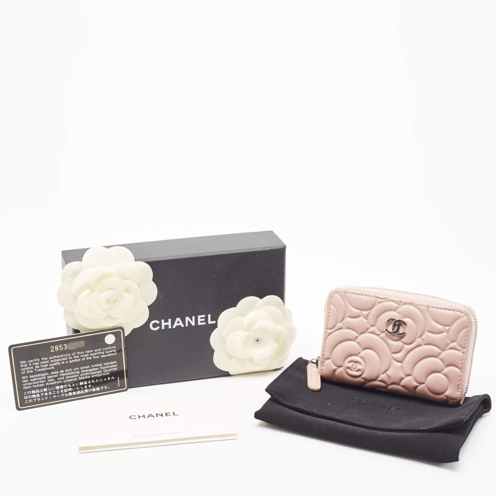 Chanel Pink Camellia Embossed Leather Zip Around Coin Purse For Sale 3