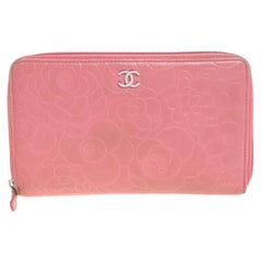 Chanel Pink Camellia Embossed Leather Zip Around Wallet Organizer