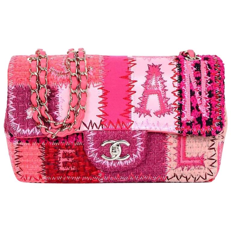 Chanel NEW Pink Canvas Patchwork Embroidery Medium Evening Shoulder Flap Bag