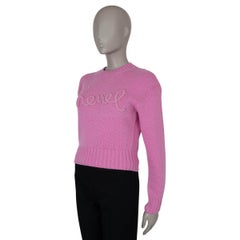 CHANEL pink cashmere 20B PEARL EMBELLISHED LOGO Sweater 36 XS