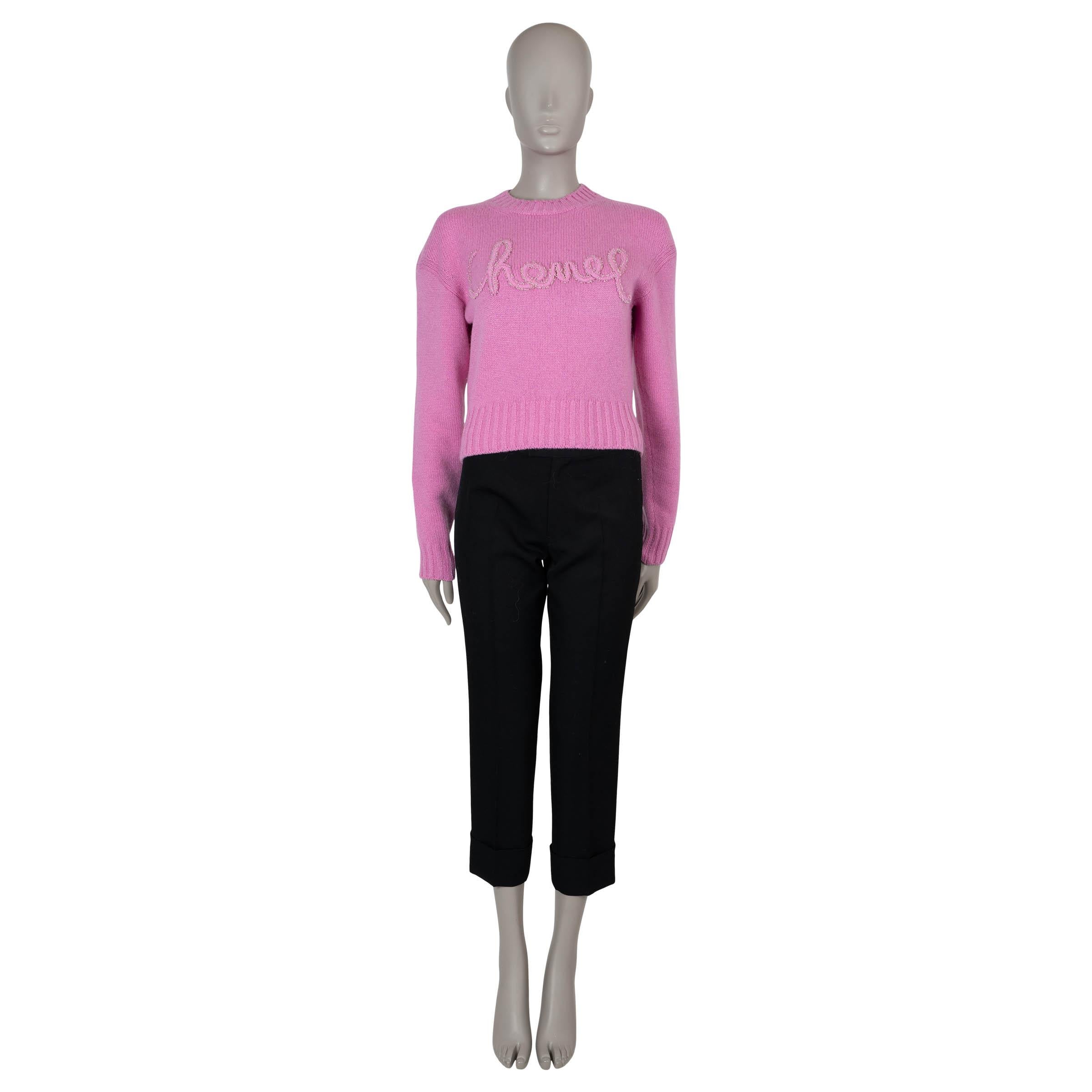 Women's CHANEL pink cashmere 20B PEARL EMBELLISHED LOGO Sweater 36 XS For Sale