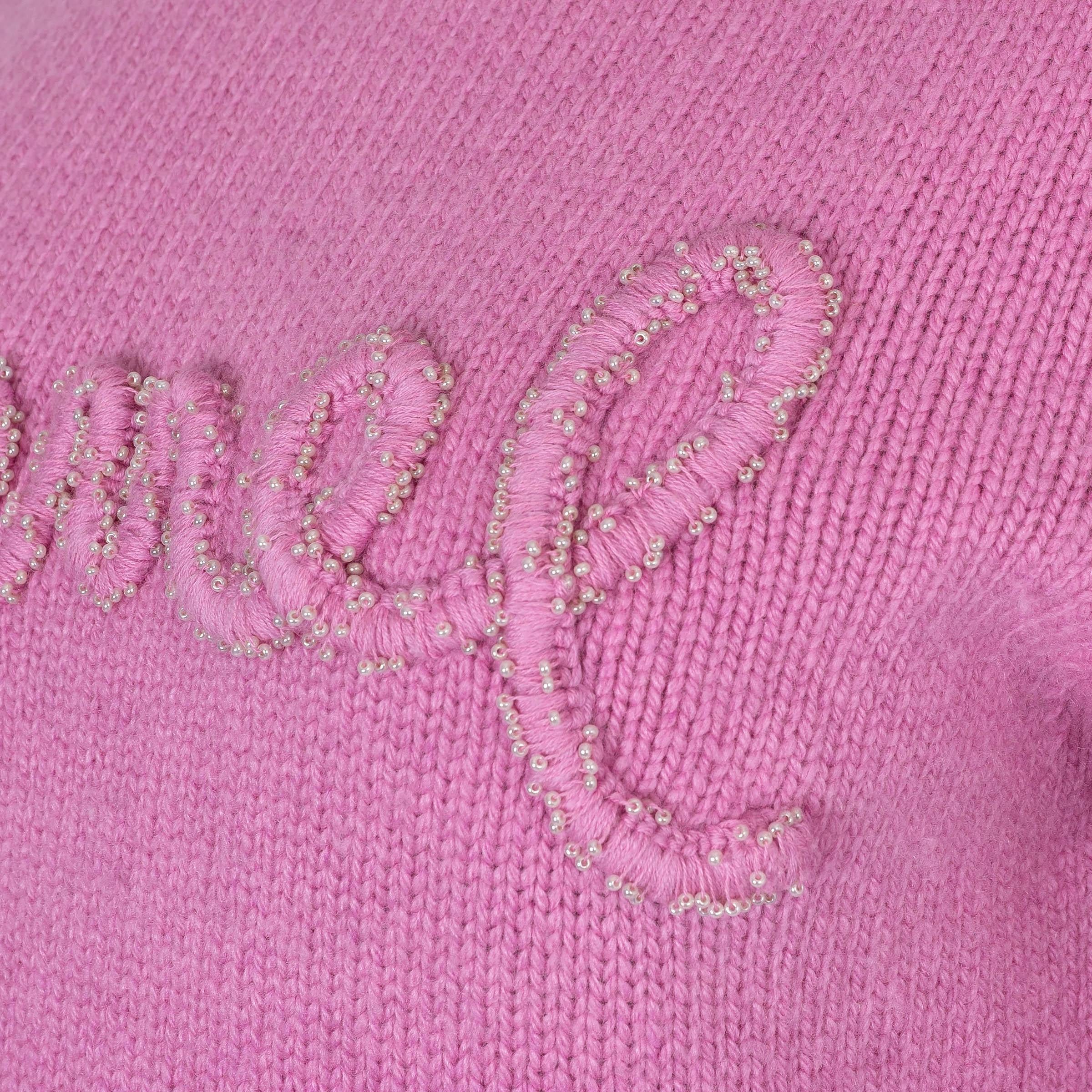 CHANEL pink cashmere 20B PEARL EMBELLISHED LOGO Sweater 36 XS For Sale 1