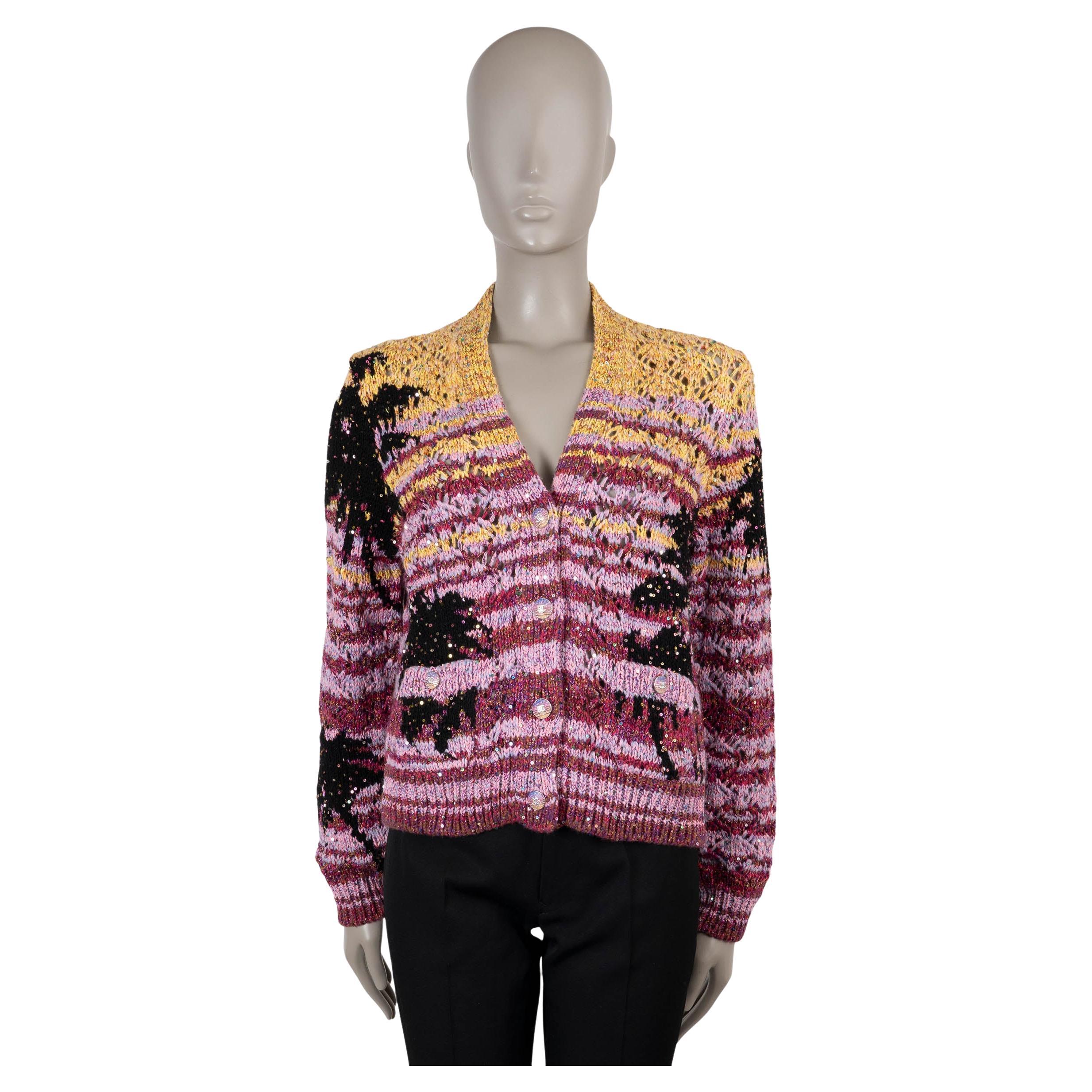 CHANEL pink cashmere 24C LOS ANGELES PALM STRIPED Cardigan Sweater 38 S