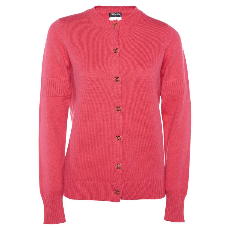 Chanel Pink Cashmere Buckle Lock Cardigan M For Sale at 1stDibs