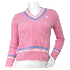 Chanel Pink Cashmere & Cotton Blend Knit V-Neck Sweater