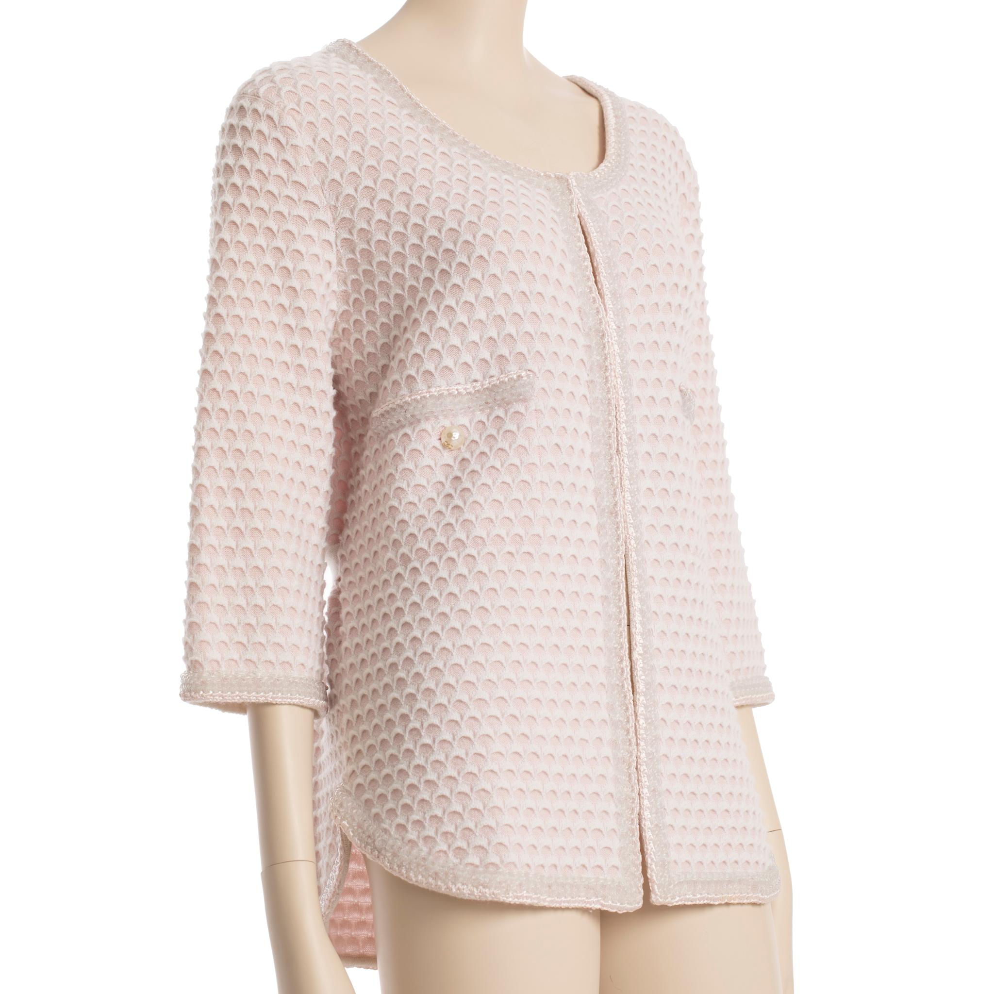 Chanel Rosa Kaschmir-Tweed-Strickjacke mit Taille Band 42 FR im Angebot 9