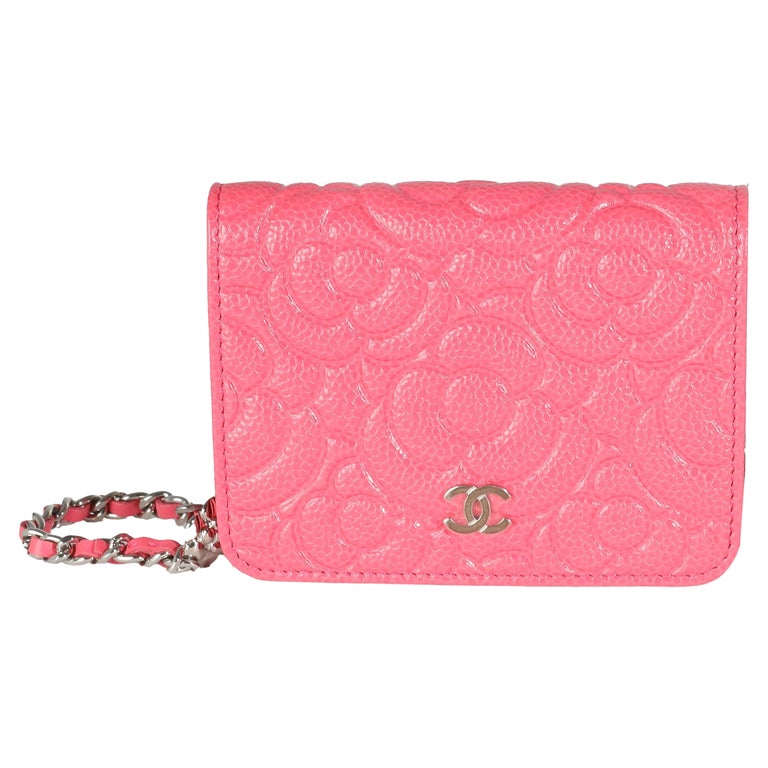 Chanel Pink Caviar Camellia Embossed Chain Belt Bag For Sale at - Main Image