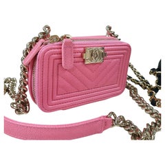  Pochette à double fermeture éclair en cuir rose caviar Chanel Boy Woc 