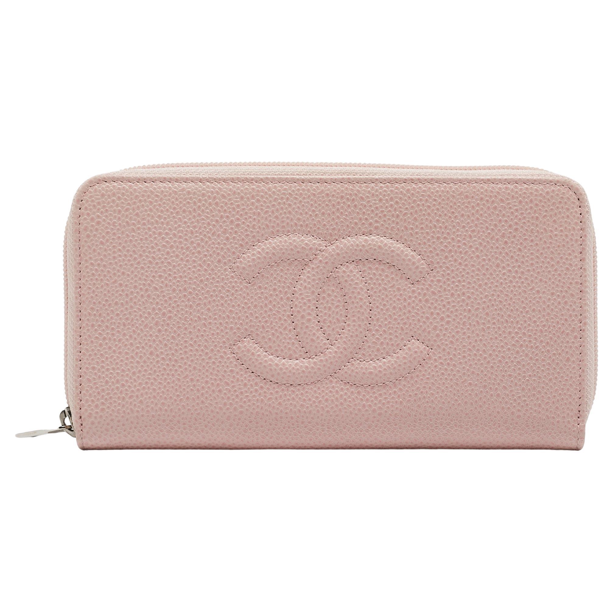 Chanel Pink Caviar Leather CC Zip Around Wallet For Sale