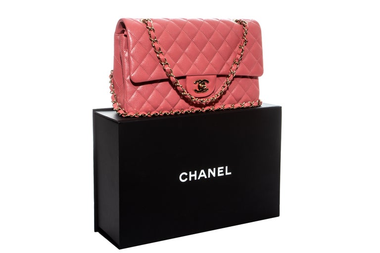 Chanel pink caviar leather classic 2.55 flap bag with gold chain