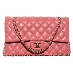 Chanel pink caviar leather classic 2.55 flap bag with gold chain at 1stDibs