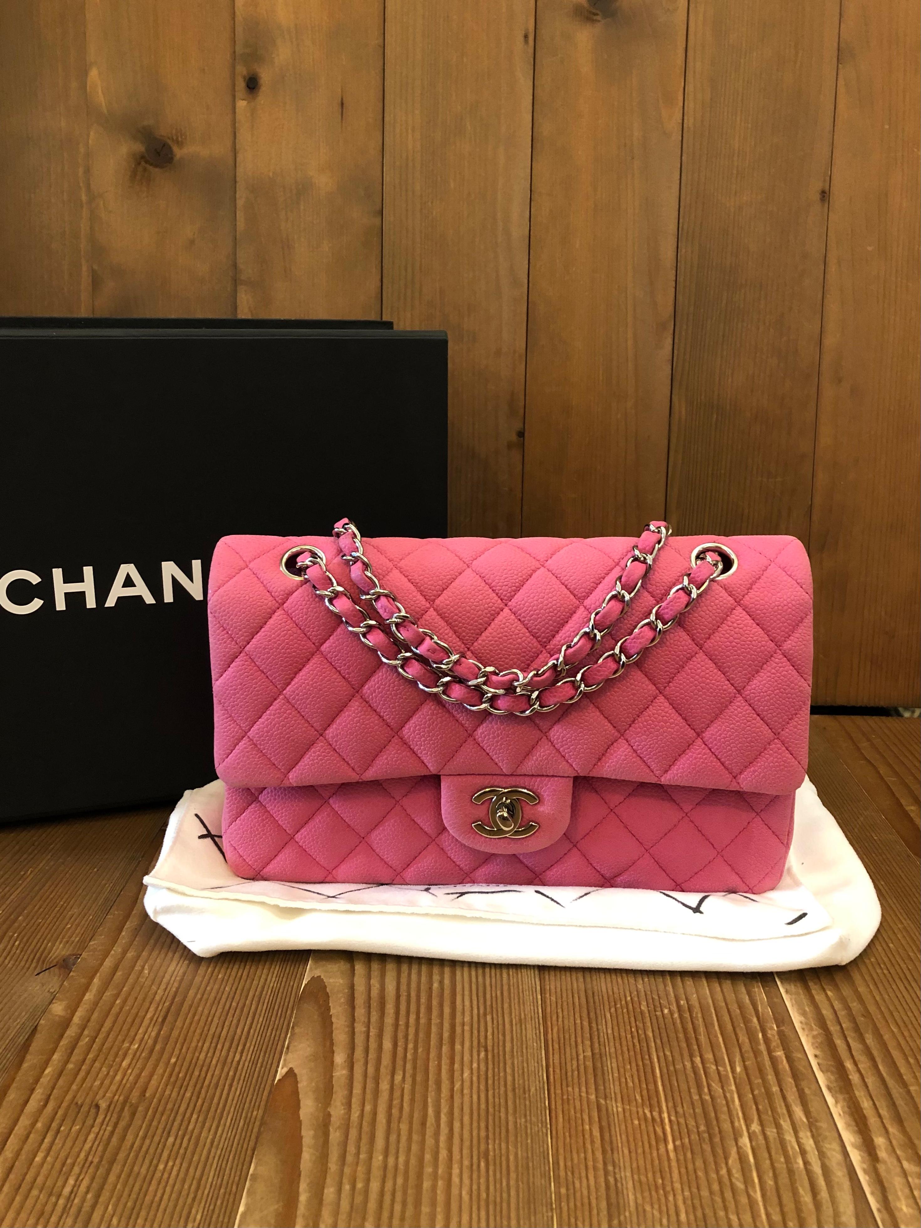 2013 Medium Chanel pink nubuck caviar classic flap bag. Made in France. Serial 18xxxxxx. Measures approximately 10 x 6.5 x 2.5 inches Chain drop 9-16 inches. Comes with Box/Authentication card/Dust bag. 

Condition:
Outside: Minor marks on caviar