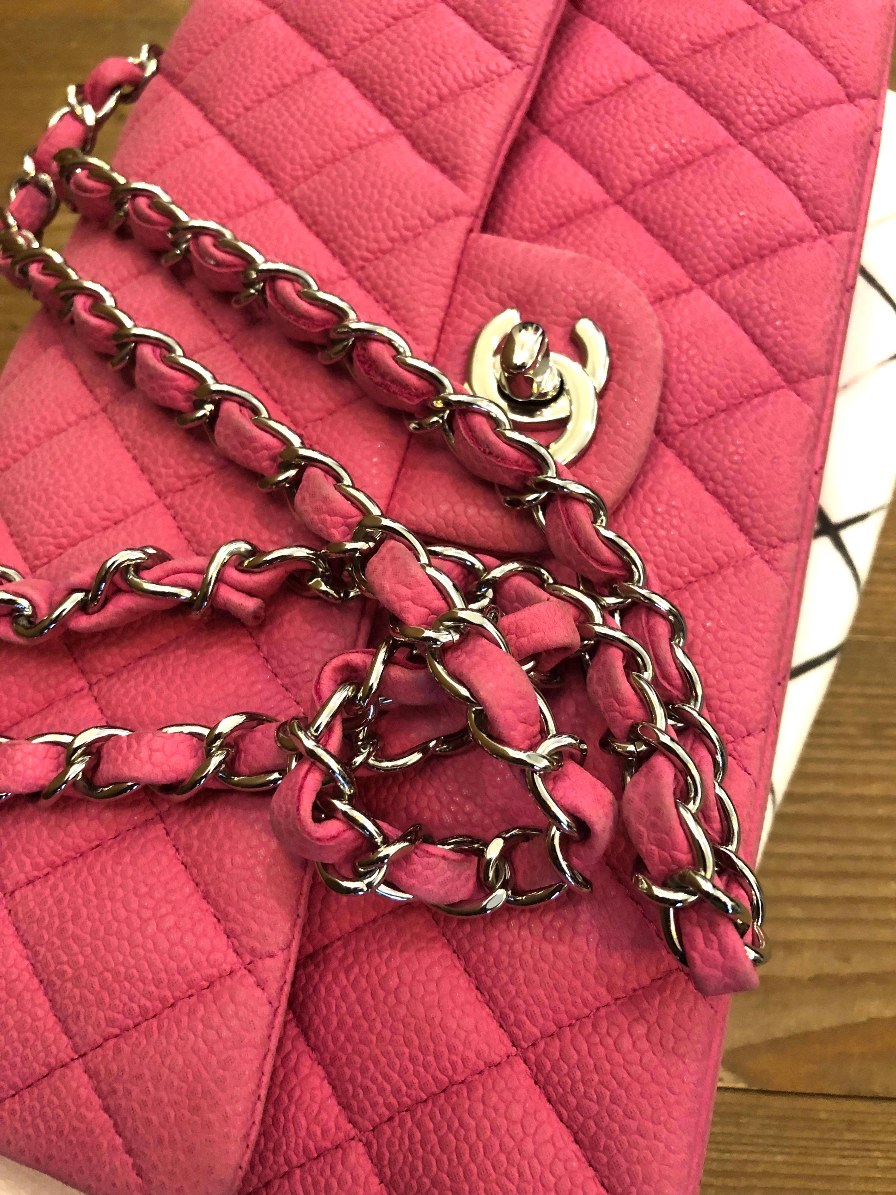 Chanel Pink Caviar Nubuck Classic Double Flap Bag 11