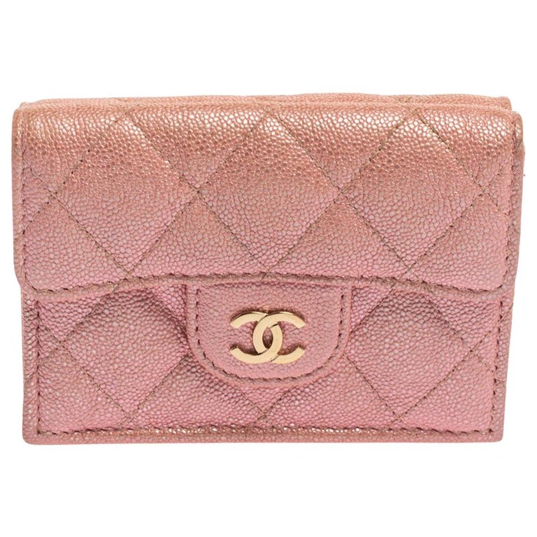 Chanel Pink Caviar Quilted Leather Trifold Flap Wallet
