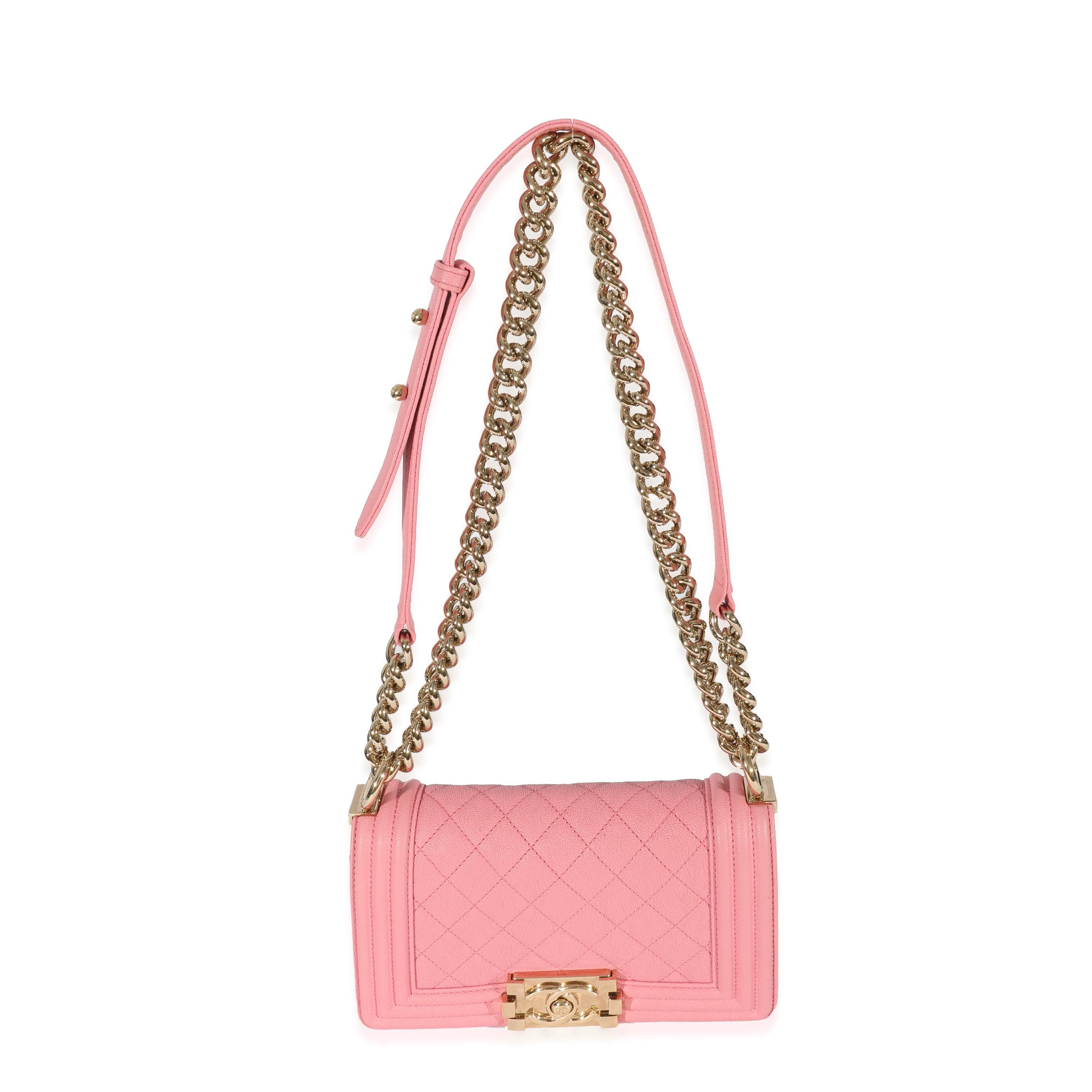 Listing Title: Chanel Pink Caviar Small Boy Bag
 SKU: 128592
 Condition: Pre-owned 
 Condition Description: An instant classic, the Boy bag from Chanel was introduced in 2011. The quilted bag was designed by the late Karl Lagerfeld, who was inspired