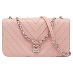 Chanel Pink Chevron Leather CC Studded Flap Bag