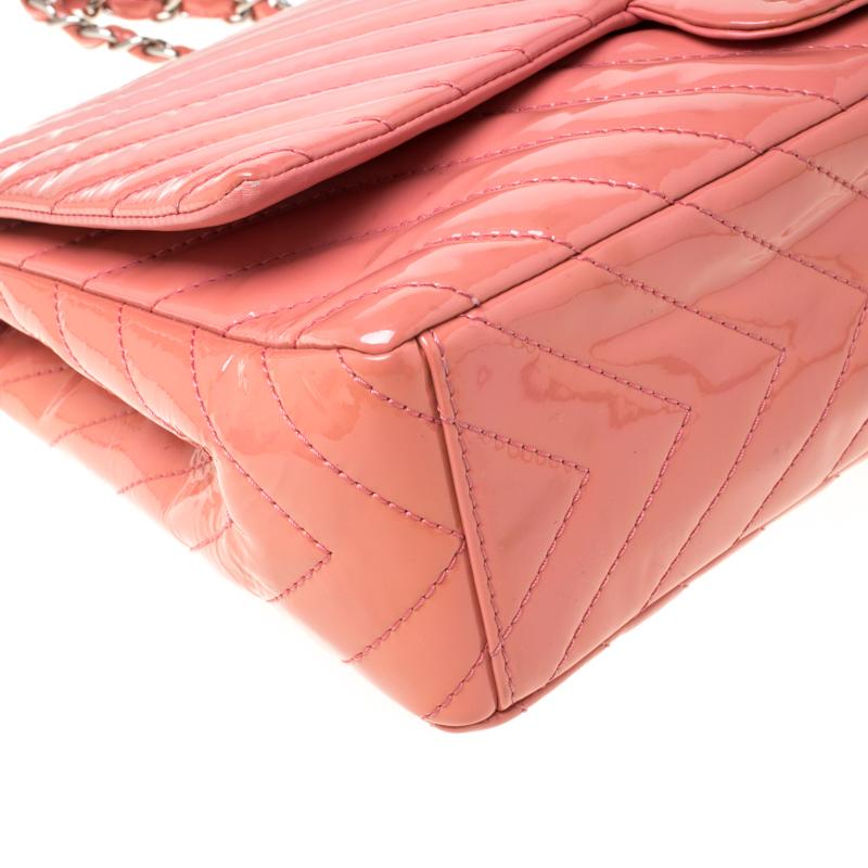 Chanel Pink Chevron Patent Leather Maxi Classic Single Flap Bag 6