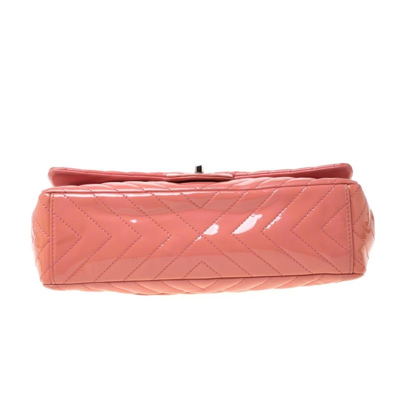 Chanel Pink Chevron Patent Leather Maxi Classic Single Flap Bag 7
