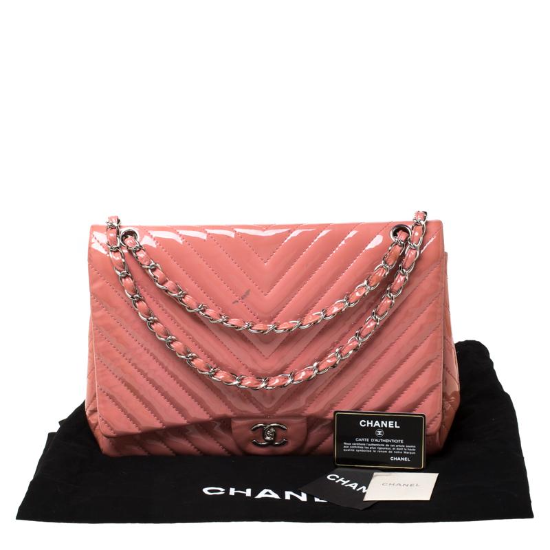 Chanel Pink Chevron Patent Leather Maxi Classic Single Flap Bag 8