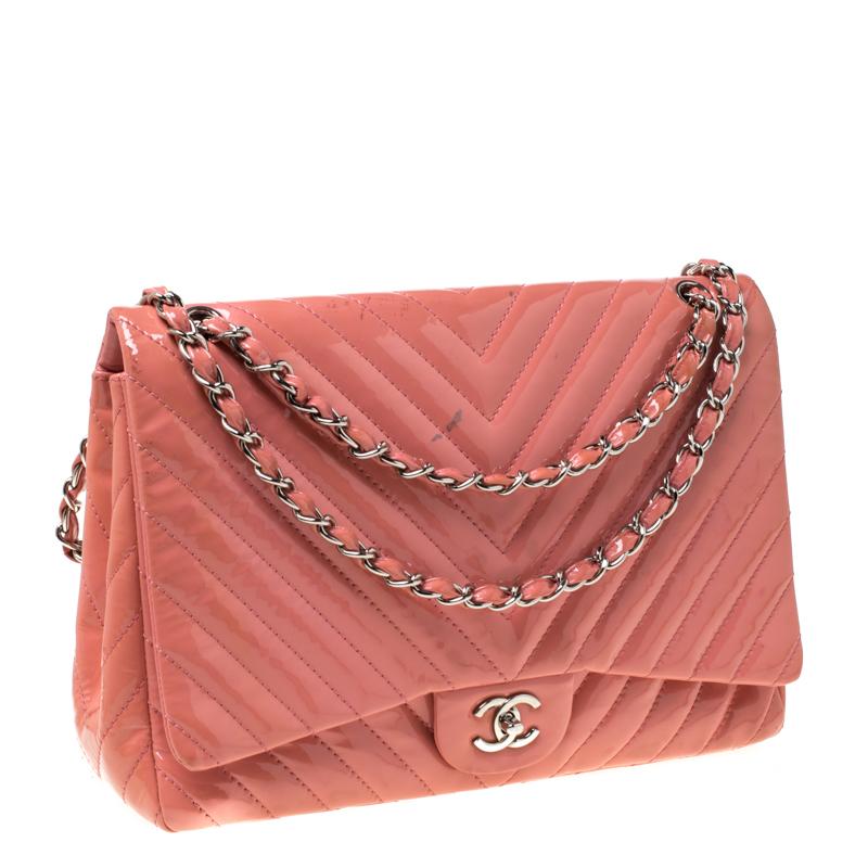 Women's Chanel Pink Chevron Patent Leather Maxi Classic Single Flap Bag