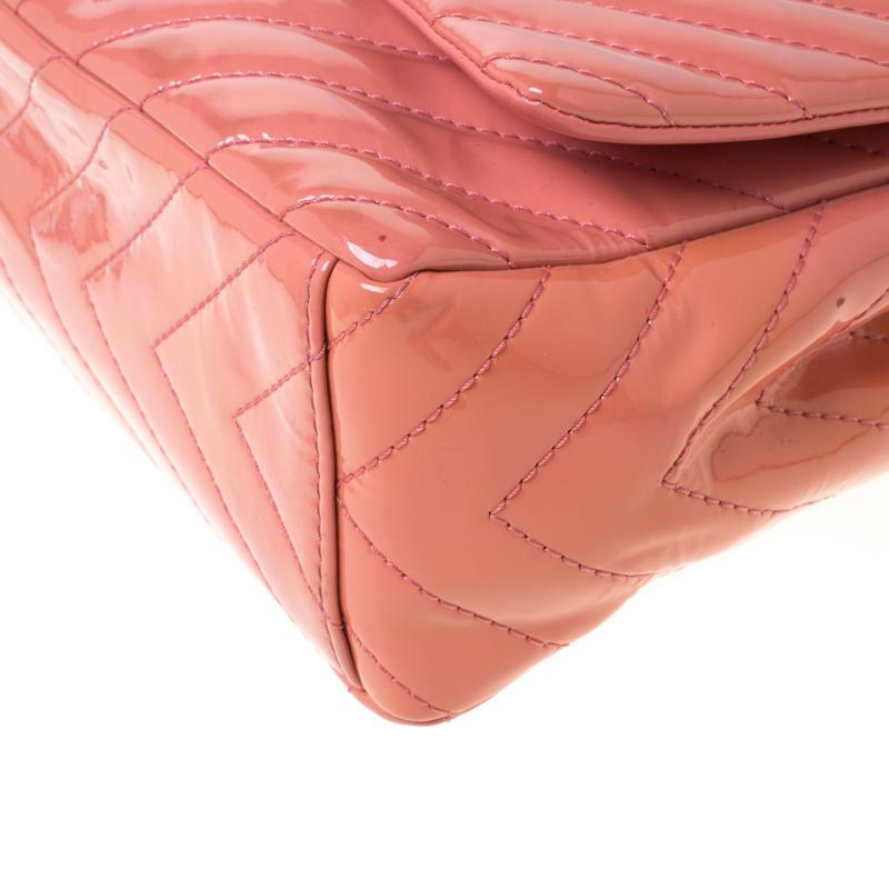 Chanel Pink Chevron Patent Leather Maxi Classic Single Flap Bag 5