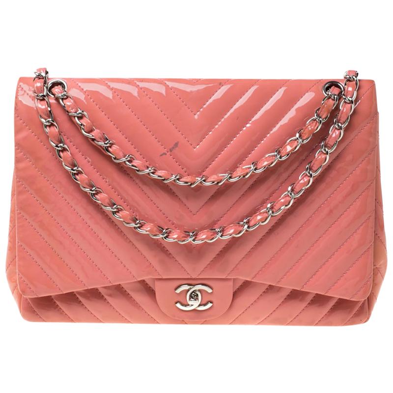 Chanel Pink Chevron Patent Leather Maxi Classic Single Flap Bag