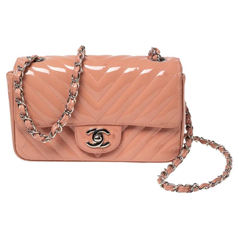 Chanel Pink Chevron Patent Leather New Mini Classic Flap Bag at
